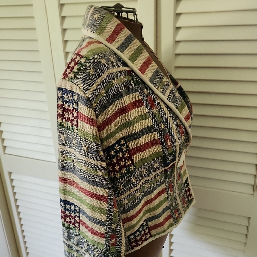 New Directions Vintage Americana Flag Cropped Cotton Tapestry Jacket - Picture 8 of 12